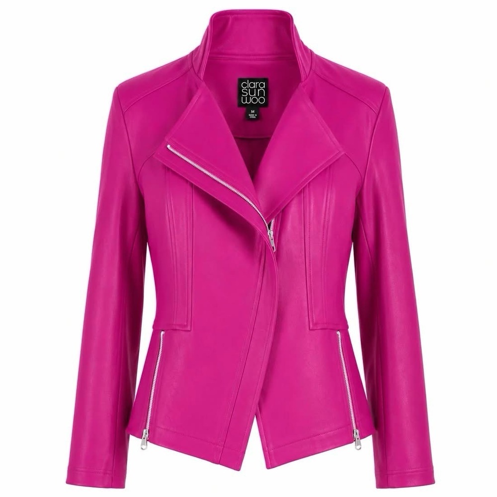 Clara Sun Woo Liquid "Leather" Jacket Moto Hem Zip Details Magenta Size XL